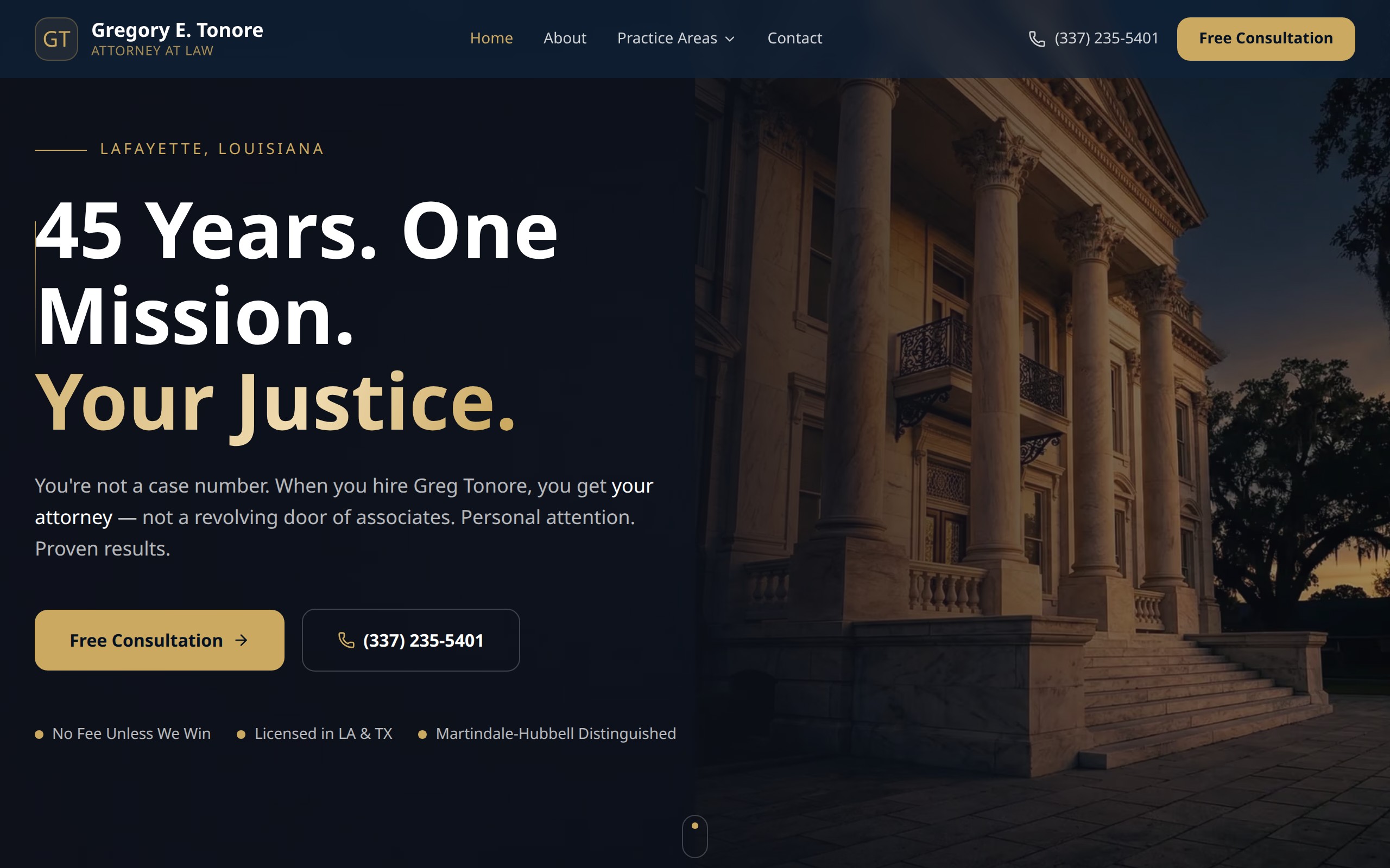 Greg Tonore Law website screenshot